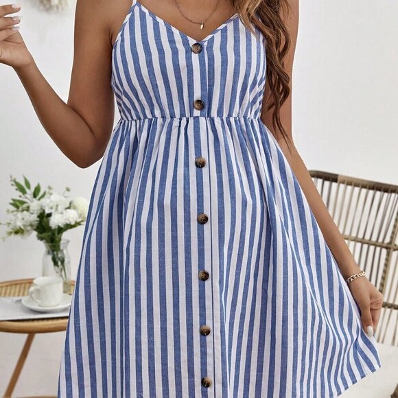 Blue And White Casual Women's Maternity Striped Print Button Front Cami Dress - Picture 4 of 5